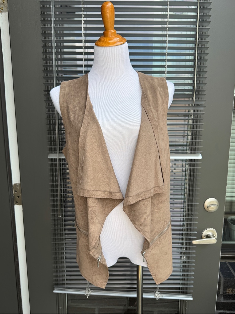 Allen B. Taupe Suede Draped Open Front Vest